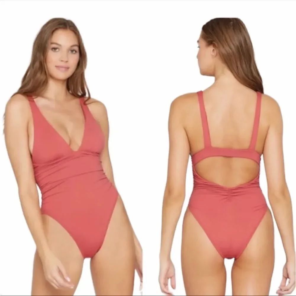 L*Space Brick Sydney One Piece Swimsuit Plunge Neck Ruched size 6